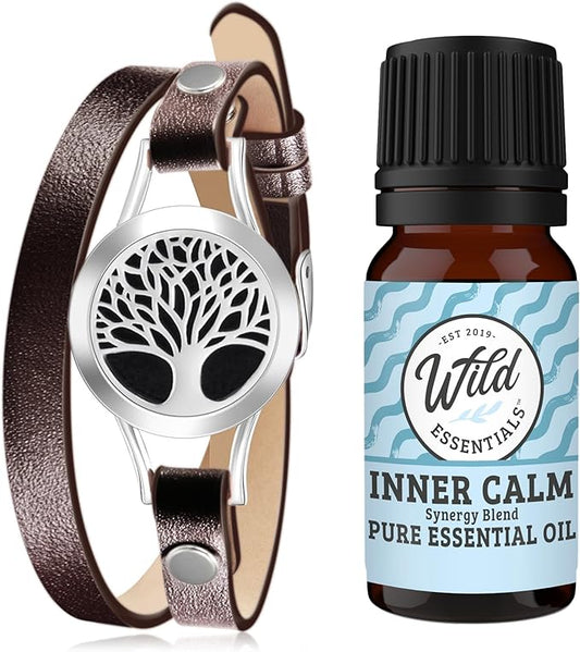 Wild Essentials Brow Tree of Life Diffuser Wrap Bracelet Kit – Adjustable 5"–7.5" Leather + 316L Stainless Steel Locket, 12 Color Pads (17mm) – Includes Inner Calm (1 x 10ml)