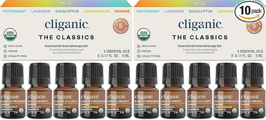 Cliganic Organic Essential Oils Set (Top 5 - The Classics) - 100% Pure Natural - Aromatherapy, Candle Making - Peppermint, Lavender, Eucalyptus, Lemongrass & Orange (Pack of 2)