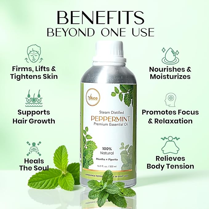 MyAce Peppermint Essential Oil – 100% Pure & Natural, Steam-Distilled Oil for Diffuser, Aromatherapy, Skin Care, Hair, DIY Projects & Home Fragrance - 16 fl oz
