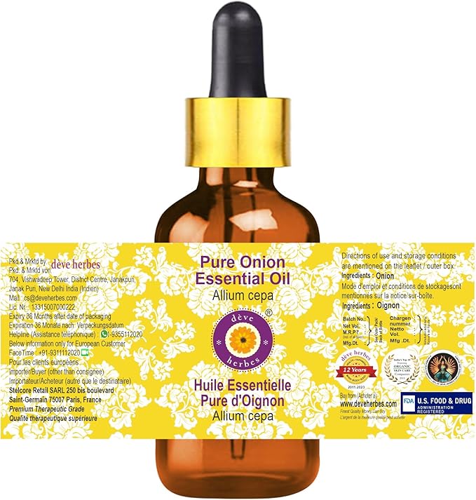 dève herbes Onion Essential Oil (Allium cepa) with Glass Dropper | Pure | Non-Sticky | Non-Greasy | Lightweight | Men & Women | All Skin Types | Steam Distilled 10ml (0.33 oz)