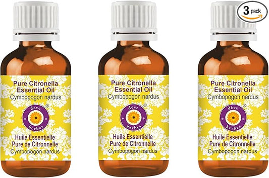 Deve Herbes Pure Citronella Essential Oil (Cymbopogon nardus) Steam Distilled (Pack of Three) 100ml X 3 (10 oz)