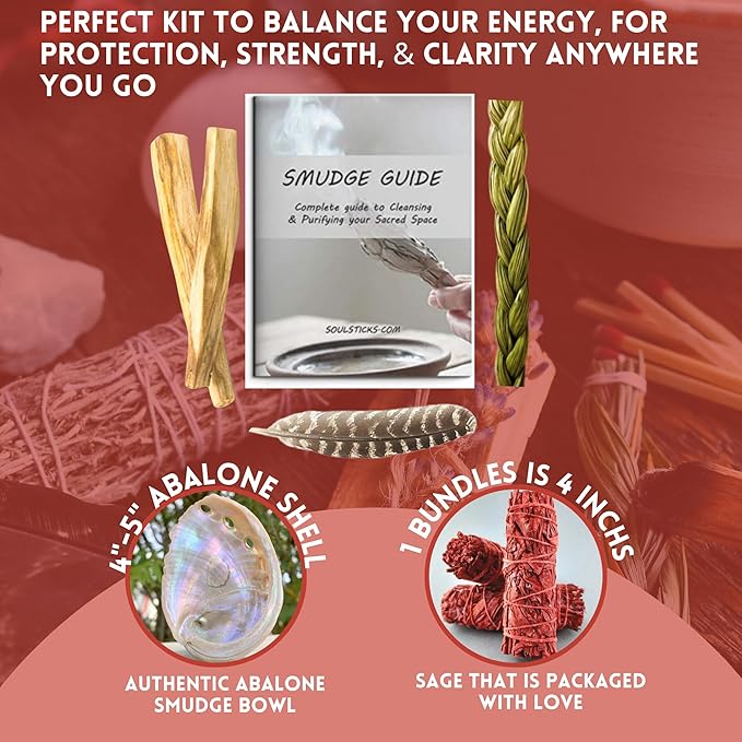 Ancient VEDA Organic Smudge Kit – Dragon's Blood, Palo Santo, Sweetgrass, Abalone Shell, Feather & Smudge Guide | Smudging Kit for Home Energy Cleansing, Meditation (Healer's Kit, Dragon's Blood Sage)