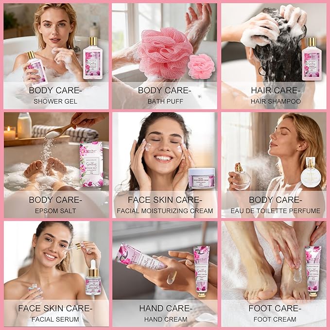 Camellia & Magnolia Facial Skin Care Set, 27 Pcs Bath & Body Spa Basket for Women, Beauty Care Kit, Makeup Bag, Face Serum, Perfume, Christmas, Mother Day, Valentine's, Birthday, Bridal Shower