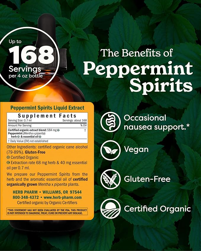 Herb Pharm Peppermint Spirits Liquid Extract: Organic Herbal Digestion Support | Mentha piperita Tincture | Fast-Absorbing for Occasional Nausea & Upset Stomach Support, Up to ~12 Week Supply, 4 oz*