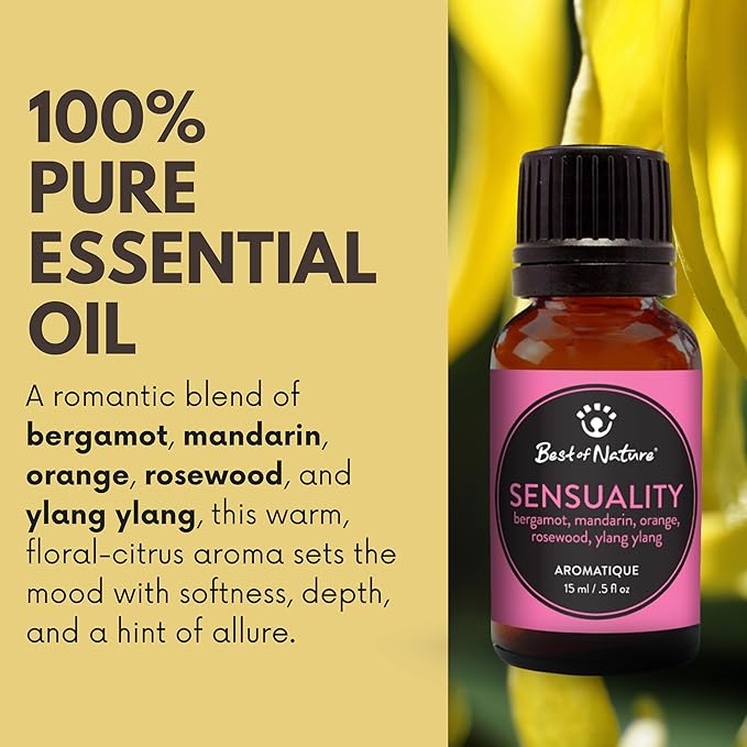 Sensuality Essential Oil Blend – Ylang Ylang, Bergamot, Mandarin, Orange & Rosewood – 100% Pure for Diffuser, Massage, Mood & Self-Care – Romantic Aromatherapy