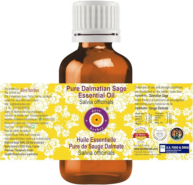 Deve Herbes Pure Sage Essential Oil (Salvia officinalis) Steam Distilled (Pack of Three) 100ml X 3 (10 oz)