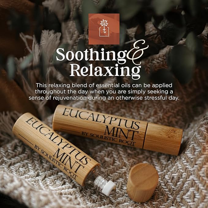 Soulistic Root Eucalyptus Mint Essential Oil Roll On – Breathe Essential Oil Blend w/Peppermint, Spearmint, Rosemary – Aromatherapy Rollerball for Spa, Self Care, Energy – 10ml Bottles Each