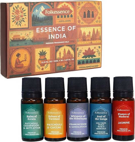 Folkulture Essence of India Essential Oils Set for Diffuser | Set of 5 Fragrance Oils for Aromatherapy | Frankincense, Jasmine, Cedarwood | Home Fragrance Gift | Gift for Her