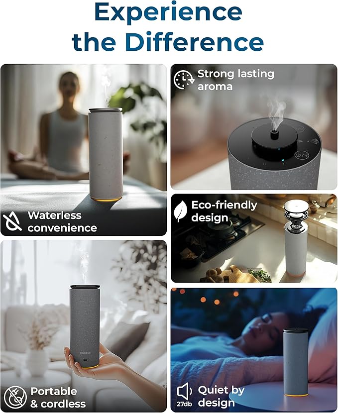 Cooper Bliss Waterless Diffuser for Essential Oils, Pure Aroma Zero Water, Cordless 10-hr Battery Operated Oil Diffuser Machine, Adjustable Scent & Timer, Ambient Light, 100% Bio-Fiber Wood (White)