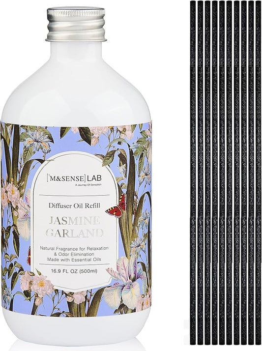 M&SENSE Reed Diffuser Oil Refill, 16.9oz (500ml) with 10 Hollow Reed Sticks, Jasmine Garland Scent Home Fragrance, Scented Oil Refills, Natural Essential Oils for Diffusers, Décor for Home Spa Office
