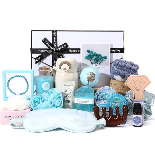 Sea Team 16-Pack Relaxing SPA Gift Set for Women, Valentine Day Gift, Shower Kit with Bath Bomb, Bath Salt, Handmade Soap, Cream, Essential oil, Gift Box Included, Bluebell
