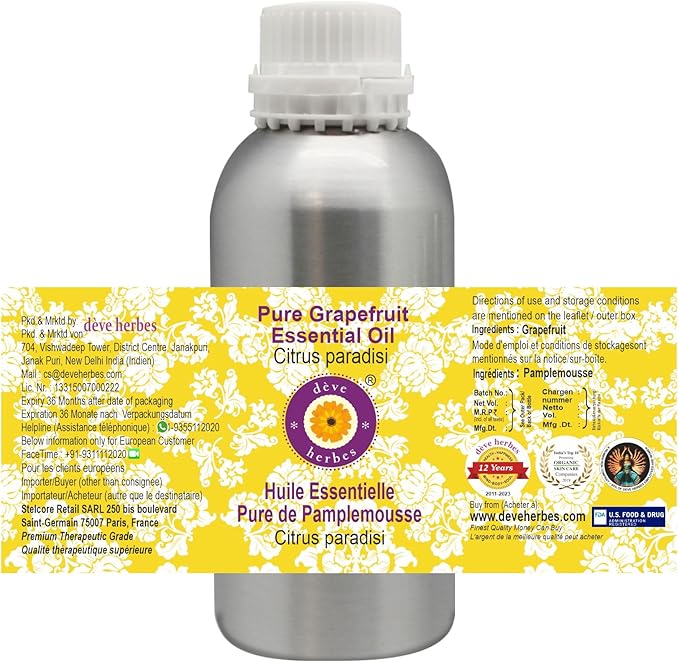 Deve Herbes Pure Grapefruit Essential Oil (Citrus paradisi) Steam Distilled 300ml (10 oz)