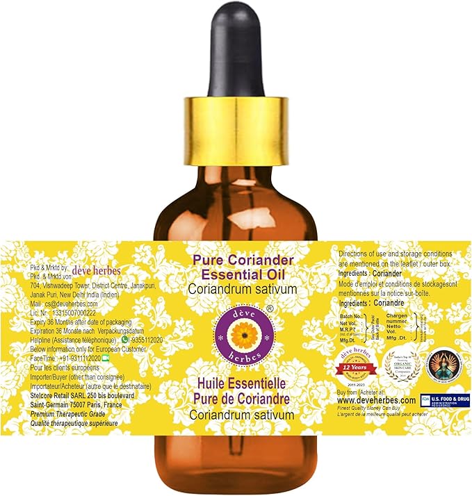 Deve Herbes Pure Coriander Essential Oil (Coriandrum sativum) with Glass Dropper Steam Distilled 30ml (1 oz)