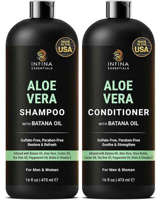 INFINA ESSENTIALS Aloe Vera Shampoo and Conditioner Set | 16 fl oz Each | with Batana Oil | Hydrating, Soothing & Moisture Balance Formula | Nourishing Care for Dry, Itchy or Sensitive Scalp
