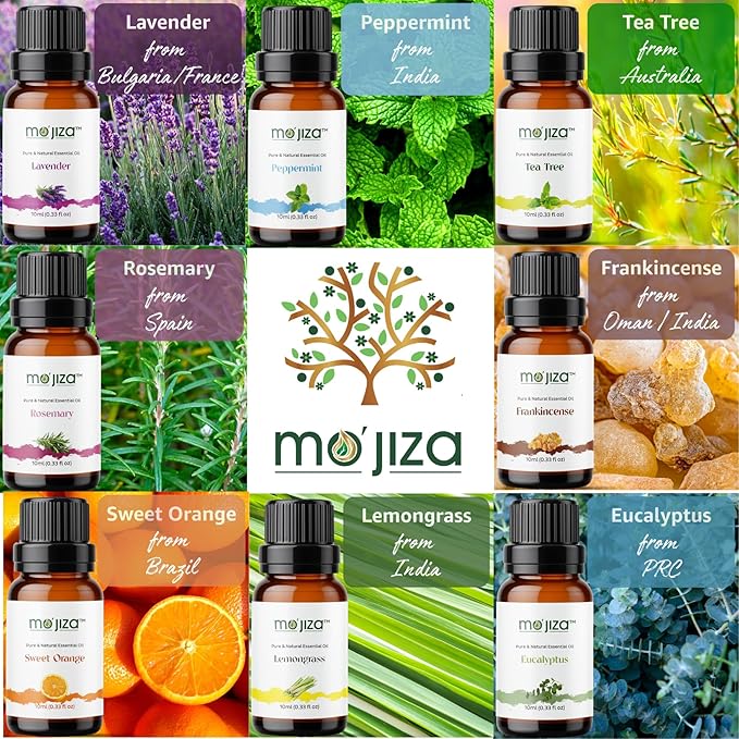 MO'JIZA Pure Aromatherapy Essential Oils Gift Set, 8 Oils-Lavender, Tea Tree, Peppermint, Frankincense, Rosemary, Sweet Orange, Lemongrass, Eucalyptus, 10ml Each Certified Kosher, Vegan & Cruelty Free