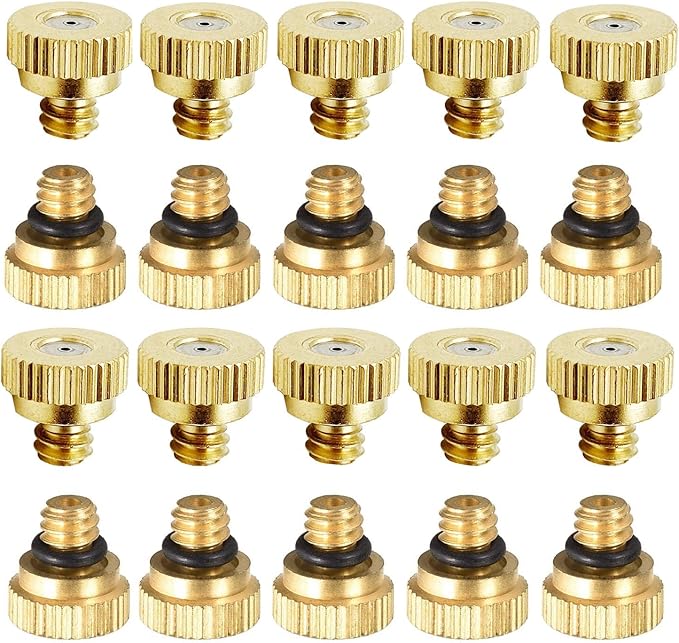 20 Pack Brass Misting Nozzles Tees, Brass Spray Nozzles for Greenhouse Landscaping Humidification, Dust Control Mist Nozzle Sprinkler for Outdoor Cooling System 0.012 Orifice (0.3 mm) 10/24 UNC Garden