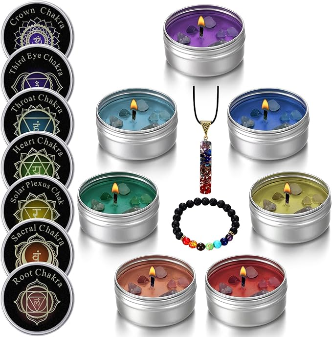 9 Pcs Chakra Candles Set with Healing Crystal Bracelet Necklace Spiritual Gifts for Women Meditation Scented Soy Aromatherapy Healing Candles Reiki Gifts for Positive Energy Yoga Relaxation