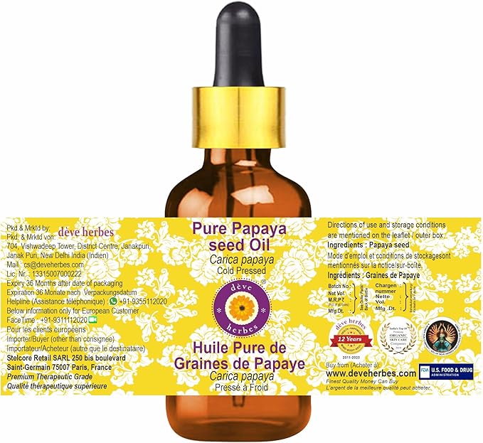Deve Herbes Papaya Oil (Carica Papaya) with Glass Dropper | Cold Pressed | Pure | Natural | For Diluting Essential oils | For Skin & Massage | Non-Sticky| Lightweight| Unisex | 5ml (0.16 oz)