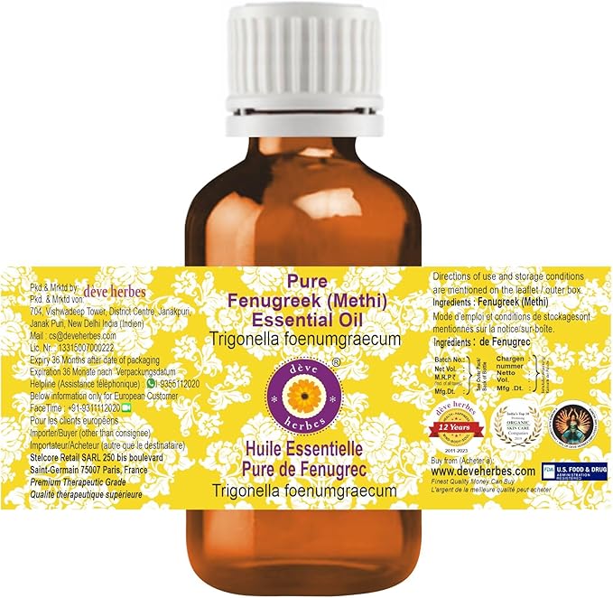 Deve Herbes Pure Fenugreek (Methi) Essential Oil (Trigonella foenumgraecum) Steam Distilled 5ml (0.16 oz)