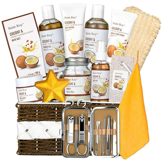 Mothers Day Gifts for Women, 26Pcs Coconut Honey Almond Spa Gift Basket for Women & Men Spa Gift Bask,Spa kit Bath and Body Basket Set, Large Home Spa Kit, Relaxing Self-Care Birthday Bridal Shower