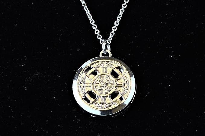Wild Essentials Celtic Cross Essential Oil Diffuser Nickel Free Alloy Locket Pendant with 24 inch Chain, 6 Refill Pads, Customizable Color Changing Perfume Jewelry for Aromatherapy