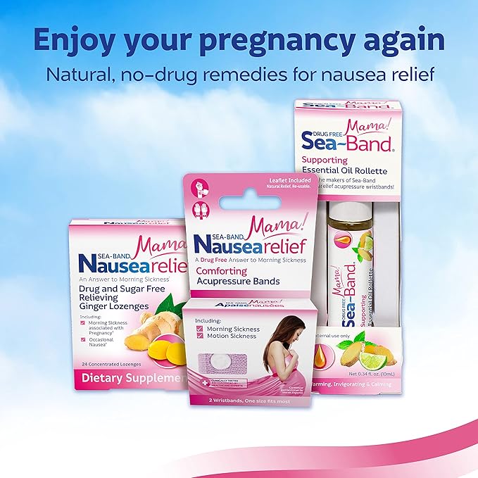 Sea-Band Mama Maternity Kit That Includes: 1 Pair of Maternity Anti Nausea Morning Sickness Bands, Drug-Free Nausea Relief Ginger Lozenges, and an Aromatherapy Calming Rollette with Essential Oils