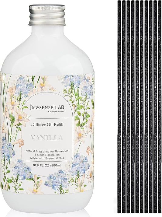 M&SENSE Reed Diffuser Oil Refill, 16.9oz (500ml) with 10 Hollow Reed Sticks, Vanilla Scent Home Fragrance, Scented Oil Refills, Natural Essential Oils for Diffusers, Décor for Home Spa & Office