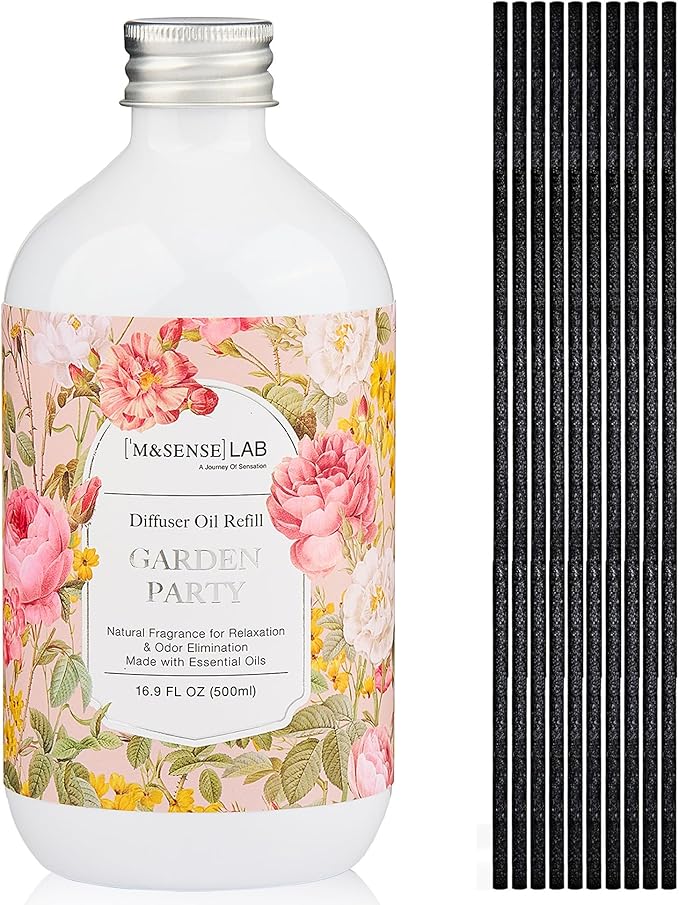M&SENSE Reed Diffuser Oil Refill, 16.9oz (500ml) with 10 Hollow Reed Sticks, Garden Party Scent Home Fragrance, Scented Oil Refills, Natural Essential Oils for Diffusers, Décor for Home Spa & Office