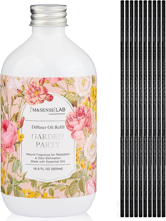 M&SENSE Reed Diffuser Oil Refill, 16.9oz (500ml) with 10 Hollow Reed Sticks, Garden Party Scent Home Fragrance, Scented Oil Refills, Natural Essential Oils for Diffusers, Décor for Home Spa & Office