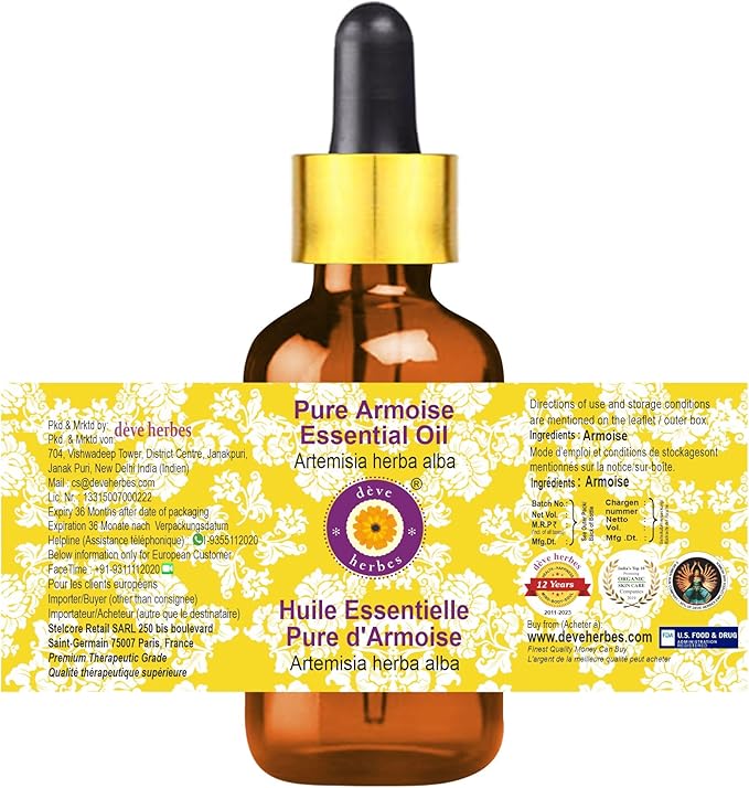 Deve Herbes Pure Armoise Essential Oil (Artemisia herba alba) with Glass Dropper Steam Distilled 100ml (3.38 oz)