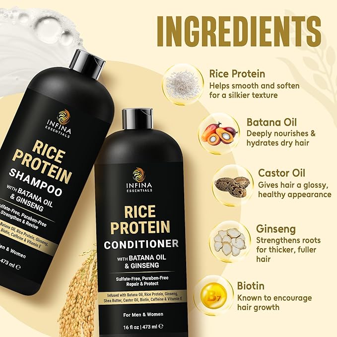 INFINA ESSENTIALS Rice Water Shampoo and Conditioner Set | 16 fl oz Each | with Batana Oil & Ginseng | Rice Shampoo for Repairing Damaged Hair | Strengthening & Thickening Formula | Made in USA