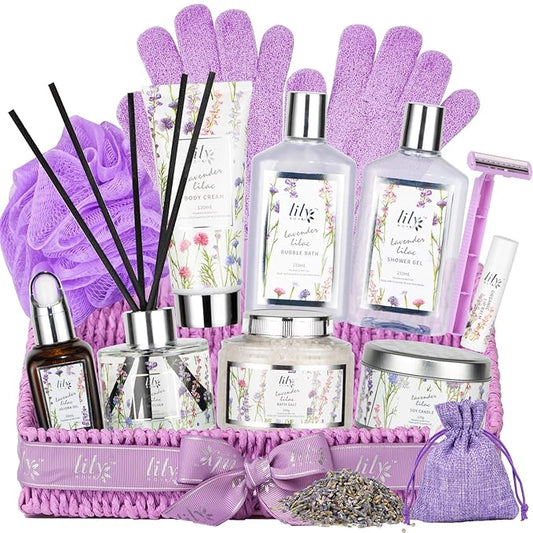 Mother's Day Gift Basket for Women - 15-Piece Lavender Bath and Body Gifts for Women, Spa Gift Basket for Women, Spa Kit | Birthday, Valentines Day Gifts, Christmas Gift, Perfect Present for Her & Mom