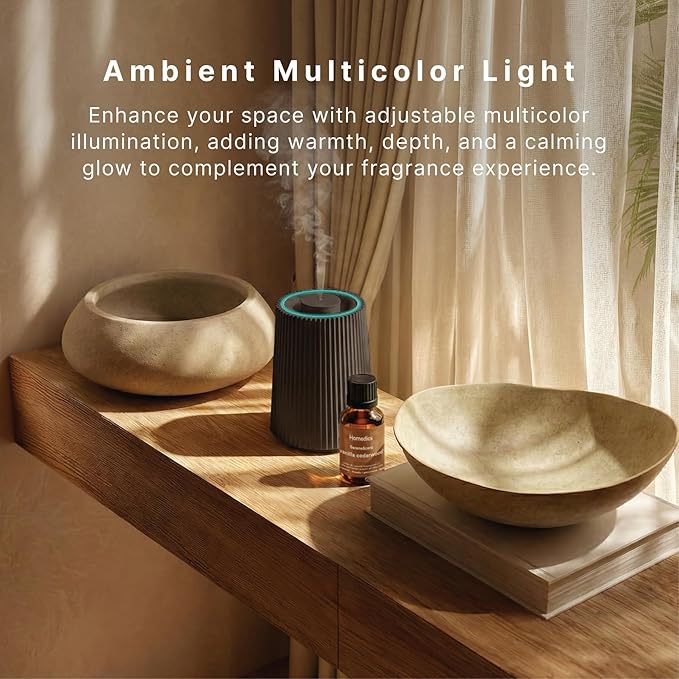 Homedics Waterless Essential Oil Diffuser with 15ml Vanilla Cedarwood Fragrance Oil. SereneScent Cordless Cold Air Scent Diffuser Starter Kit with Ambient Light, Studio 671 (Black)