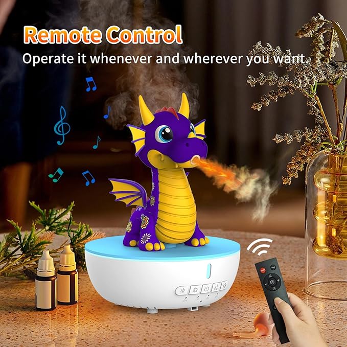 200ML Dragon Essential Oil Diffuser, Aromatherapy & Humidifier with Remote & Timer, 10 Soothing White Noise Machine, Cute Aroma Diffuser for Kids Bedroom, Home, Nursery, Purple