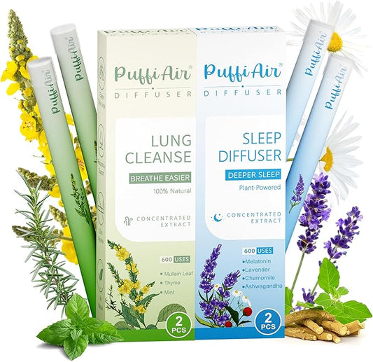 Herbal Diffuser Duo, Lung Cleanse and Sleep Diffuser with Extracts of Mullein and Melatonin, 100% Natural Swap, Day & Night Duo, 4 Sticks, 600 Uses Each=