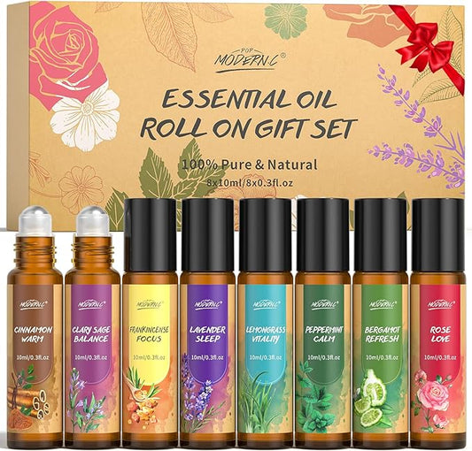 Essential Oils Roll On Set for Women 8pcs Essential Oil Roller for Skin Christmas Birthday Thanksgiving Mothers Day Gifts Lavender Frankincense Peppermint Bergamot Lemongrass Cinnamon Rose Clary Sage