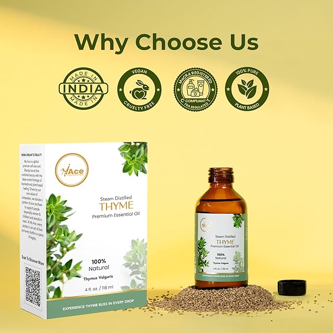 My Ace Pure & Natural Thyme Essential Oil – Steam-Distilled Thymus Vulgaris | 100% Natural Oil for Diffuser, Aromatherapy, Hair & Skin Care, Massage, Soap & Candle Making – 4 fl oz with Dropper