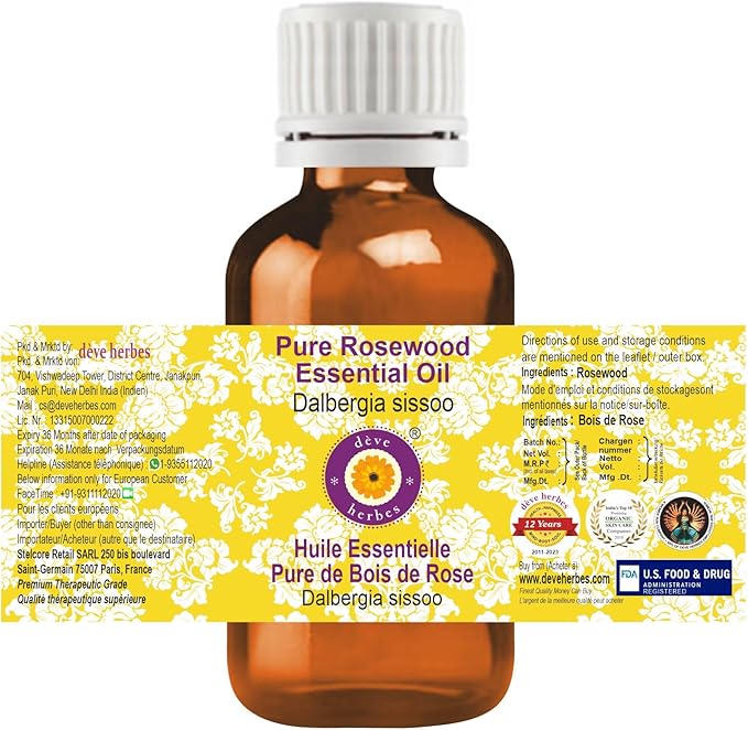 Deve Herbes Pure Rosewood Essential Oil (Dalbergia Sissoo) Steam Distilled 5ml (0.16 oz)