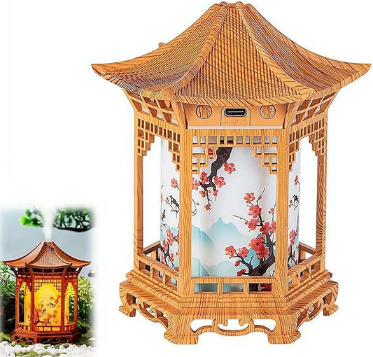 Zen Pavilion Lantern Aroma Diffuser & Night Light - 2-in-1 160ml Essential Oil Diffuser with 2 Mist Modes - Japanese Style Zen Garden Humidifier for Yoga, Meditation, Spa & Sleep (Light Wood Color)
