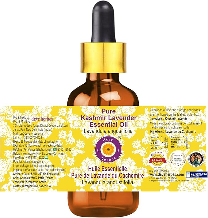 Deve Herbes Pure Kashmir Lavender Essential Oil (Lavandula angustifolia) with Glass Dropper Steam Distilled 50ml (1.69 oz)