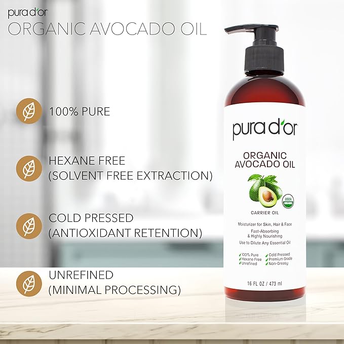 PURA D'OR ORGANIC Avocado Oil (16 Oz) 100% Pure & Natural USDA Certified Cold Pressed Carrier Oil For DIY Beauty, Non-Greasy, Unscented, Hexane Free Liquid Moisturizer - Face Skin & Hair - Men & Women