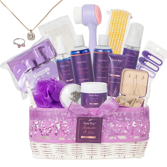 Mothers Day Gifts for Women, 25Pcs Lavender Bath and Body Gift Basket, Facial Skin Care Set, Spa Kit, Self-Care Set, Home Spa Basket set, Necklace, Birthday, Christmas, Mother Day, Anniversary