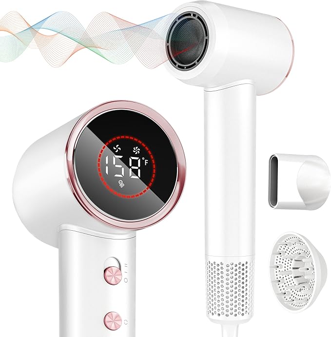 Hair Dryer, 160000 RPM Professional High Speed Ionic Blow Dryer 200 Million Negative Ions & Heat-Control & Low Noise Hairdryer with Magnetic Diffuser for Faster Drying All Hair Types, No Heat Damage