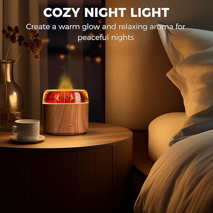 Mini Bonfire Air Diffuser, Ultrasonic Cool Mist Aroma Scent Diffuser for Essential Oils, Fire Mist Humidifier with Warm LED Glow, 2 Brightness, Auto-Off, Night Light for Room Home Office – Light Wood