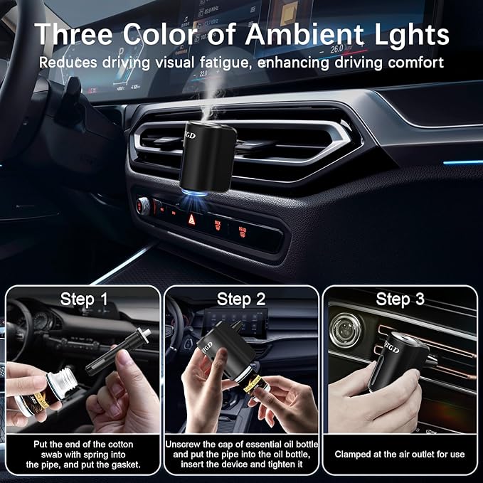 Smart Car Air Freshener, Car Air Freshener Diffuser with 3 Adjustable Modes, Rechargeable Aromatizante para Carro with 8pcs Essential Oil, Long-Lasting, Black