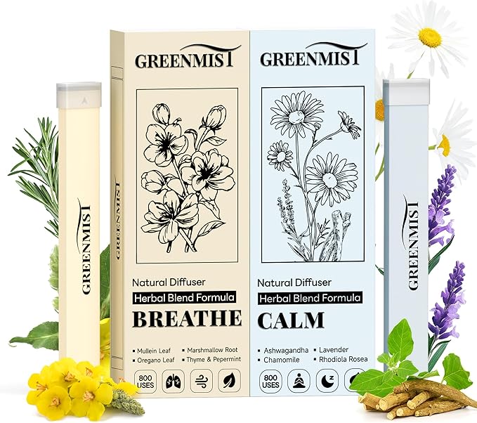 Natural Herbal Diffuser Pen Combo Pack (2 Pack), Mullein & Peppermint + Ashwagandha & Lavender, Plant-Based Aromatherapy Diffusers, Calming & Refreshing Herbal Aroma, Up to 800 Uses Each