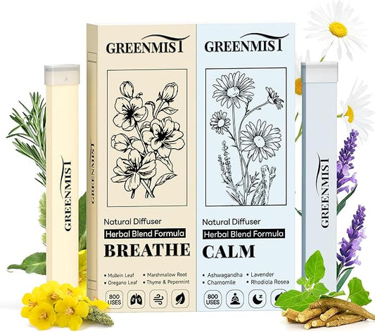 Natural Herbal Diffuser Pen Combo Pack (2 Pack), Mullein & Peppermint + Ashwagandha & Lavender, Plant-Based Aromatherapy Diffusers, Calming & Refreshing Herbal Aroma, Up to 800 Uses Each