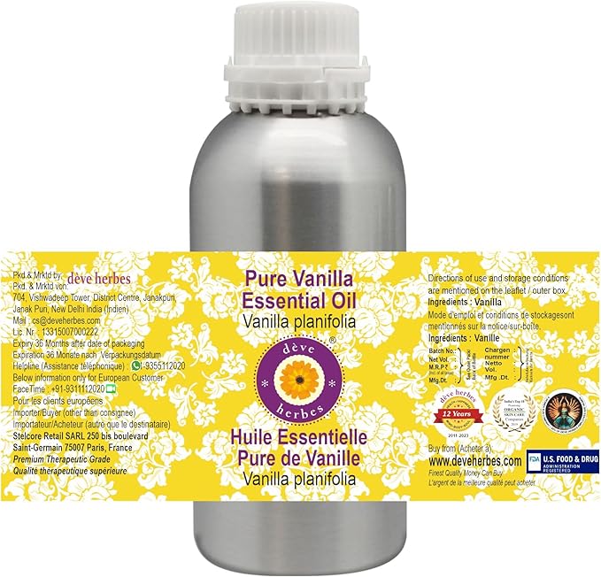 Deve Herbes Pure Vanilla Essential Oil (Vanilla planifolia) Steam Distilled 630ml (21 oz)