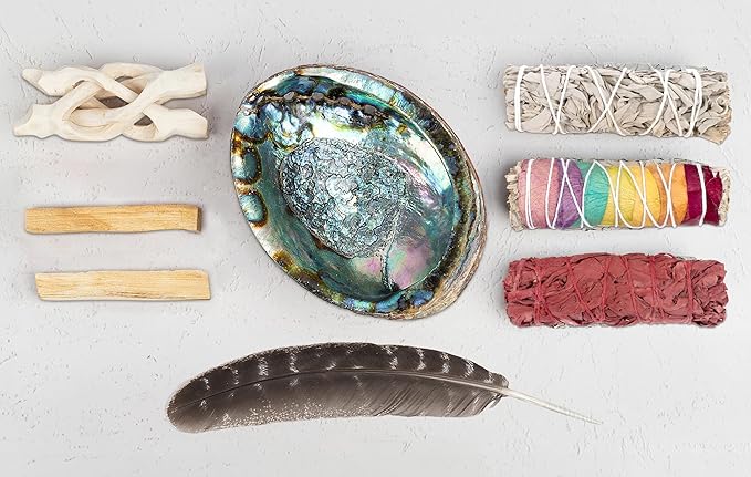 Wish Well Sage Smudge Kit ~ 4" Dragon Blood, Chakra, White Sage Smudge Stick, Palo Santo Sticks, Abalone Shell, Stand, Feather ~ Cleansing House & Meditation ~ Perfect Starter Kit with Instructions