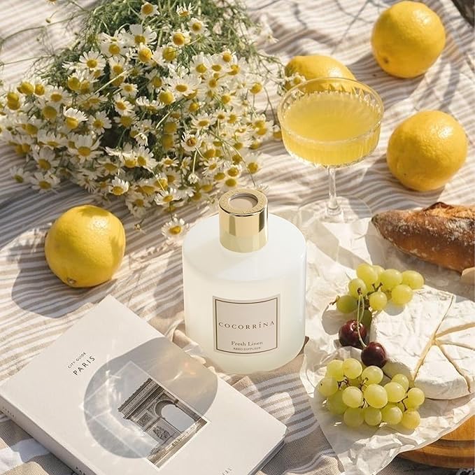 COCORRÍNA Reed Diffuser - Fresh Linen 6.7 fl oz Reed Diffuser with Sticks, Bedroom Bathroom Shelf Decor